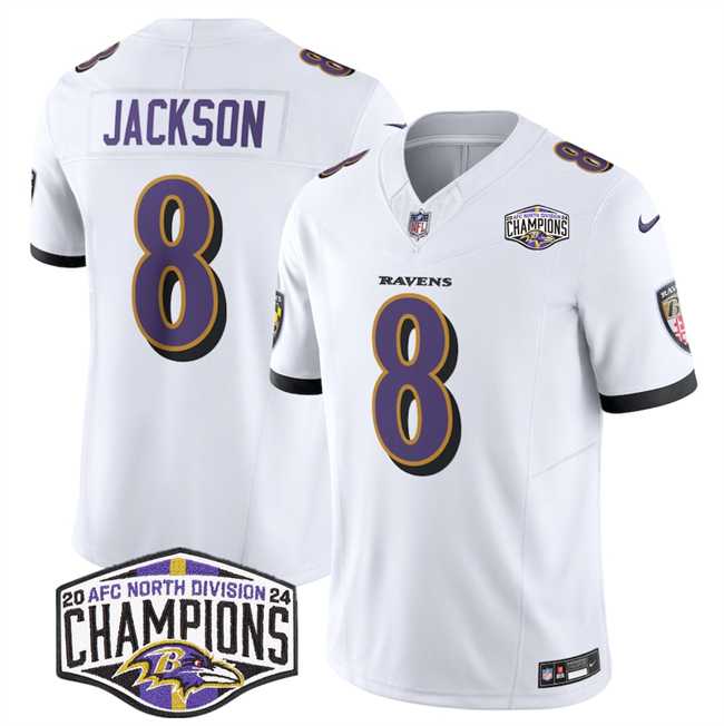 Mens Baltimore Ravens #8 Lamar Jackson White F.U.S.E 2024 AFC North Division Champions Vapor Limited Jersey